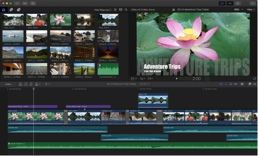 Final&nbsp;Cut&nbsp;Pro 窗口，顯示浏覽器、檢視器和時間線(xiàn)